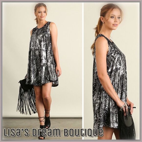 Chic Black Umgee Midi Swing Dress with Metallic Silver Print - Picture 7 of 8